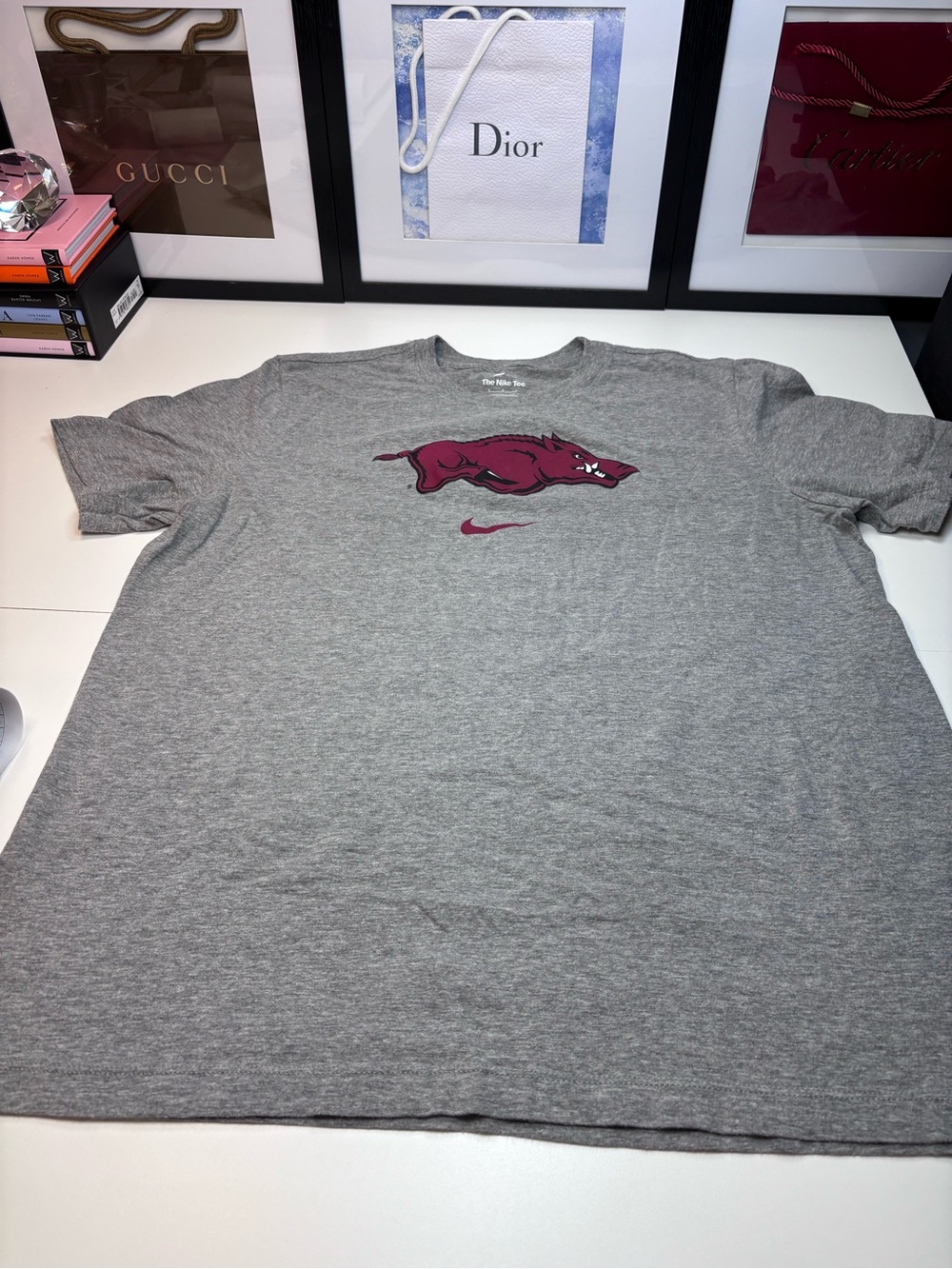 Nike Gray Short-Sleeve Razorback Logo Tee with Reddish Maroon Graphic NWOT